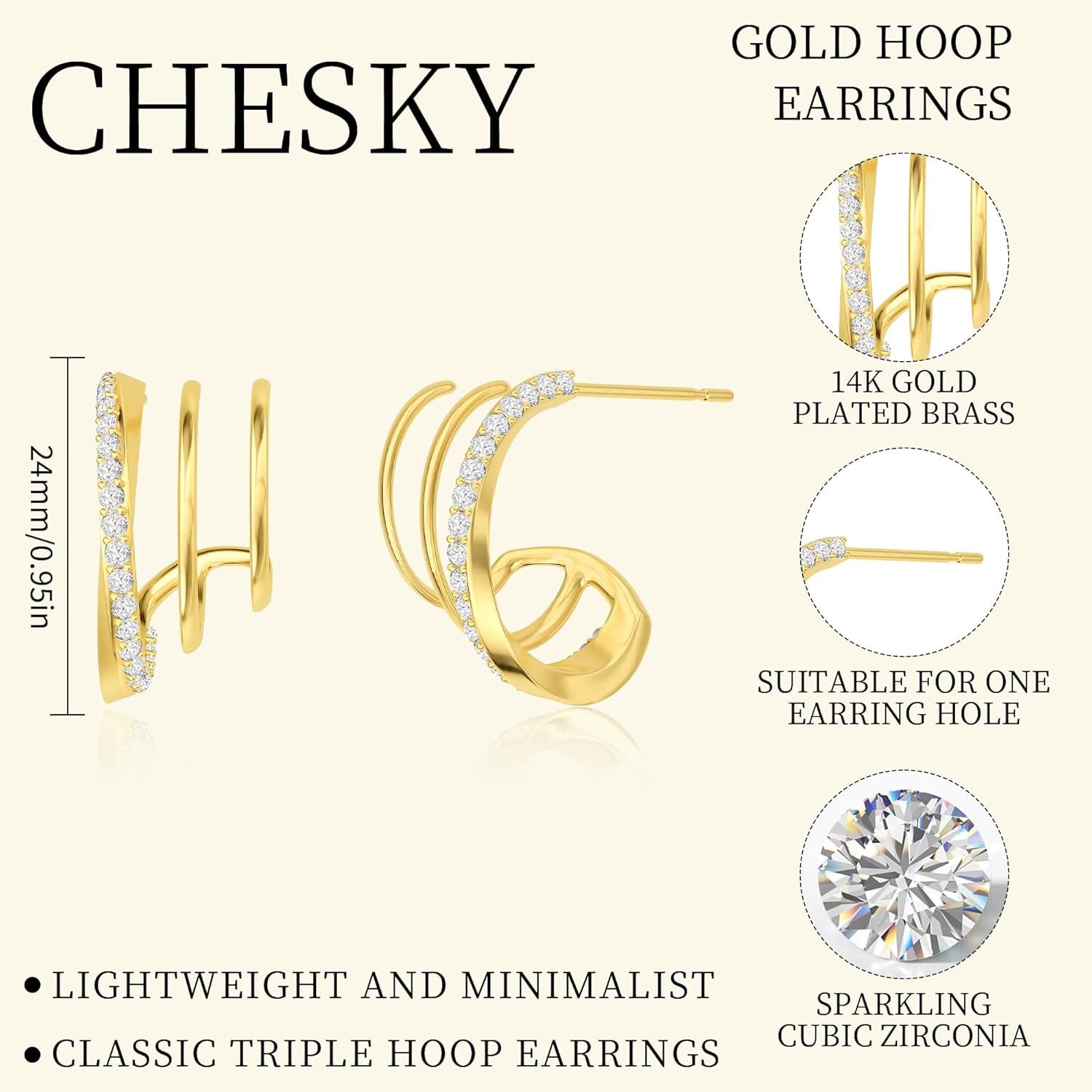 CHESKY 14k Gold Plated Triple Illusion Huggie Stud Earrings, Trendy Double Huggie Hoop Earrings for One Hole, Dainty Gold Claw Earrings for Women Cute Everyday Jewelry Gift - Image 5