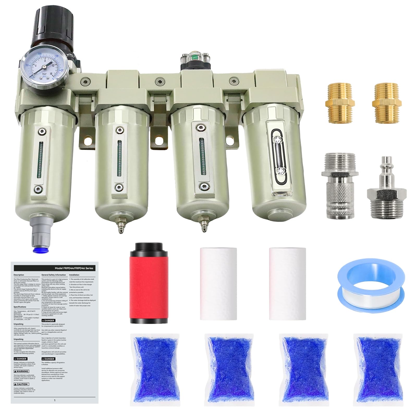 Secador de aire para compresor de 4 etapas NPT de grado industrial de 3/4 pulgadas, sistema separador de agua para cortador de plasma y spray de pintura, sistema de 3 filtros y 1 secadora, drenaje