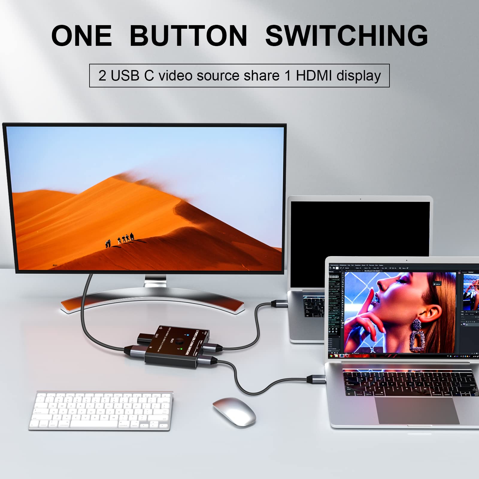 Przełącznik C KVM 2 PC 1 monitor 4K 60 Hz, przełącznik KVM USB-C do 2 laptopów, share 1 monitora i myszy/klawiatury, USB