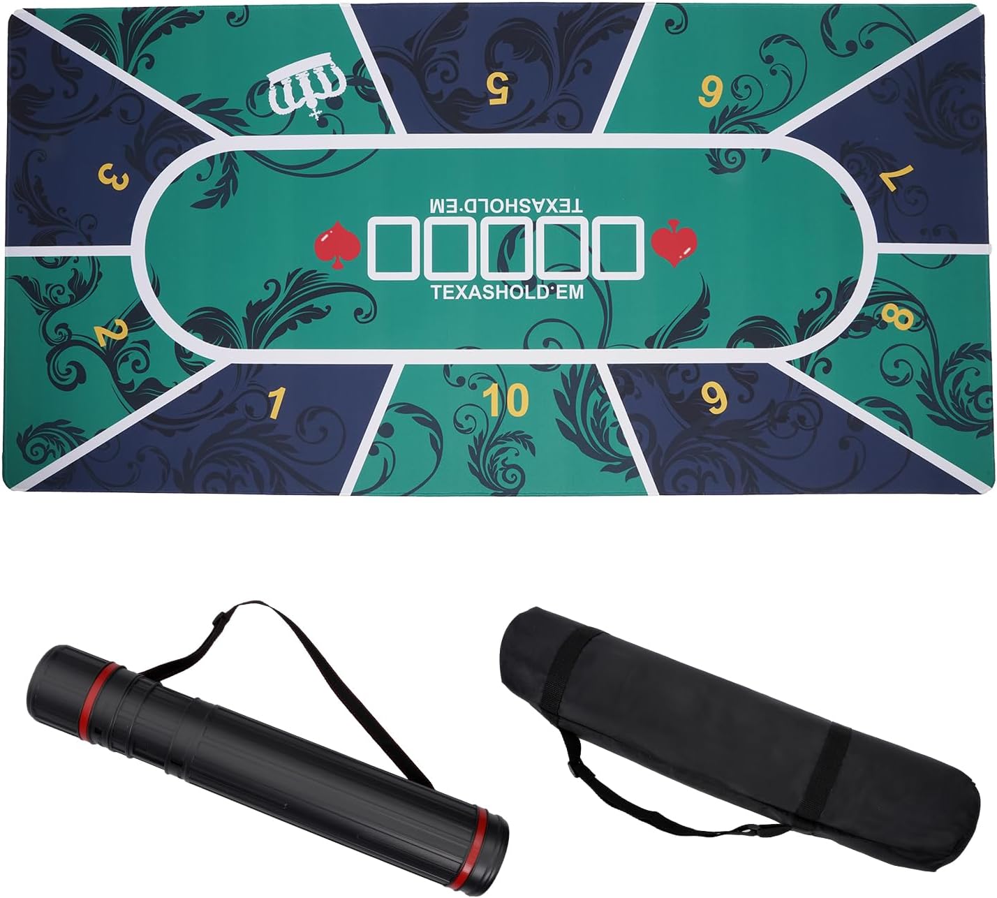 Poker Mat for 10 Players, 47x24 Inch Texas Hold’em Poker Table Mat with Non-Slip Rubber Backing, Waterproof Table Topper, Includes PE Storage Tube & Carry Bag