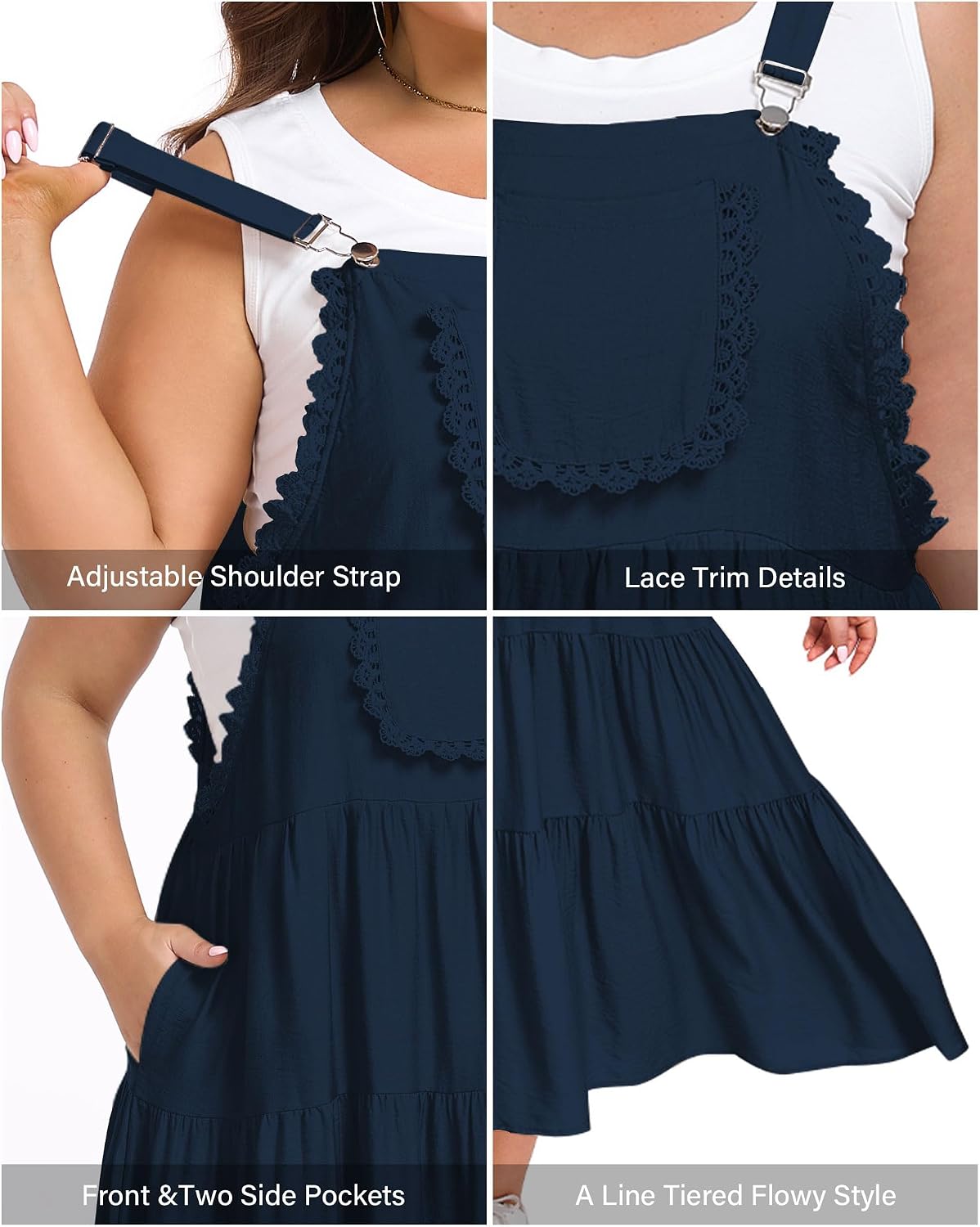 Moon Wood Plus Size Overall Dress for Women Casual Bib Jumper Dress Summer Maxi Dress with Pockets Adjustable Straps
