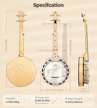Vangoa Mini 5 String Banjo 28 Inch - Travel Maple Small Beginner Kit With Tone Ring, Fiberskyn Remo Head for Kids Teens Adults