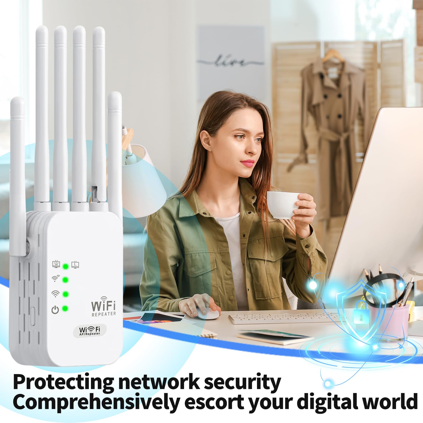 Répéteur WiFi 1200Mbps Double Bande 5G/2.4GHz, Amplificateur WiFi de dernière Technologie avec 6 antennes, Couvre jusqu'à 11000 m², 2 Ports LAN, idéal pour la Maison et Le Bureau Amplificateur WiFi