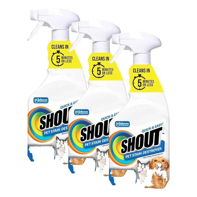 SHOUT Removedor de Manchas e Odores para Cães e Gatos, Spray Multiuso para Carpetes e Superfícies, 3 Frascos de 660 mL