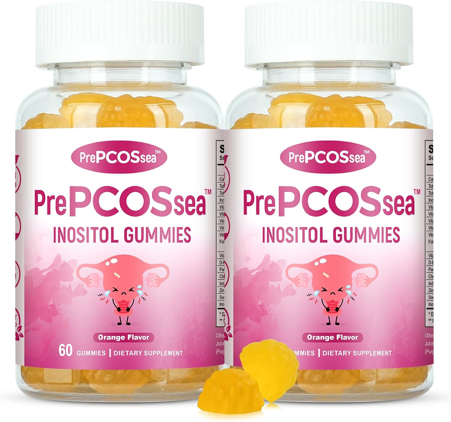 PrePCOSsea Inositol Gummies Vitamins, 2 Pack Orange Flavor Myo-Inositol Vitamin Gummies with Folate, B6, B12 & D-Biotin, 60 Count Soft Chews
