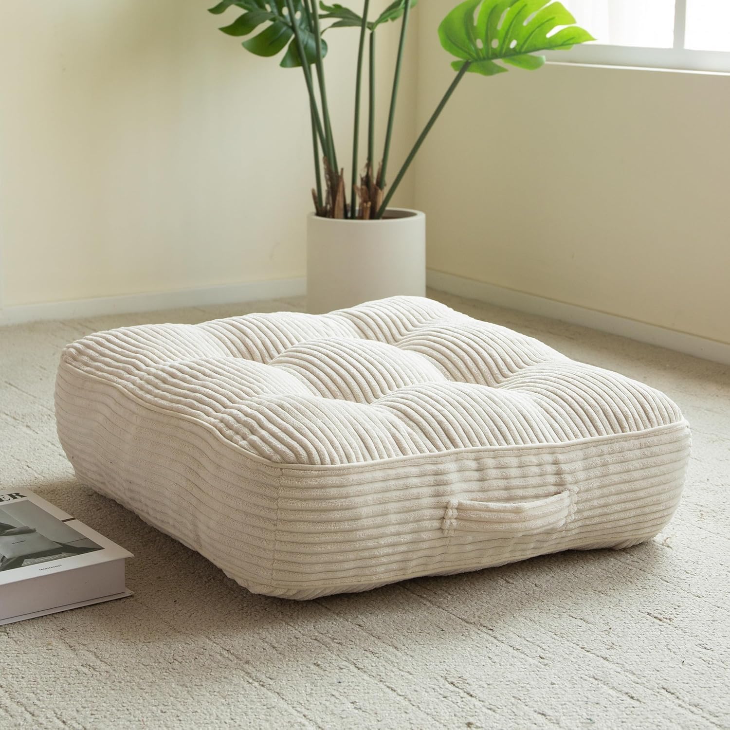 HIGOGOGO 6" Washable Floor Pillow Cushion for Adults, Meditation Cushion Pillow, Large Square Floor Sitting, Removable Tufted Corduroy Cover, for Tatami Living Room or Yoga, 22x22 Inch,Beige