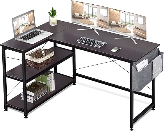 Amazon Co Jp Kingdely L字デスク パソコンデスク ゲーミングデスク 収納ラック付き 幅1x奥行60cm アジャスター付き 省スペース 在宅勤務 ワークデスク 机 Pcデスク 勉強机 コーナーデスク おしゃれ Brown 文房具 オフィス用品