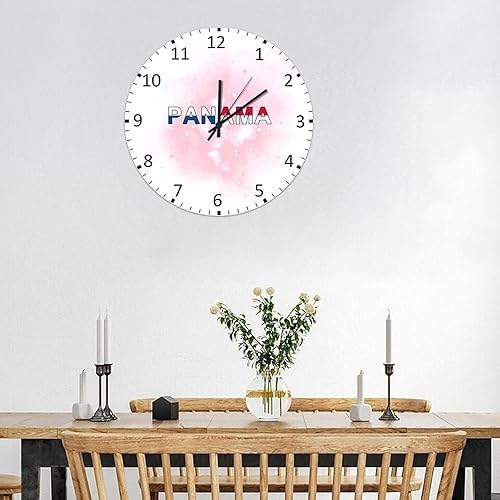 Miniatura 4 de Divertido reloj redondo de madera de granja de 12 pulgadas, reloj de pared rosa con bandera nacional de Panamá, silencioso, sin tictac, funciona con