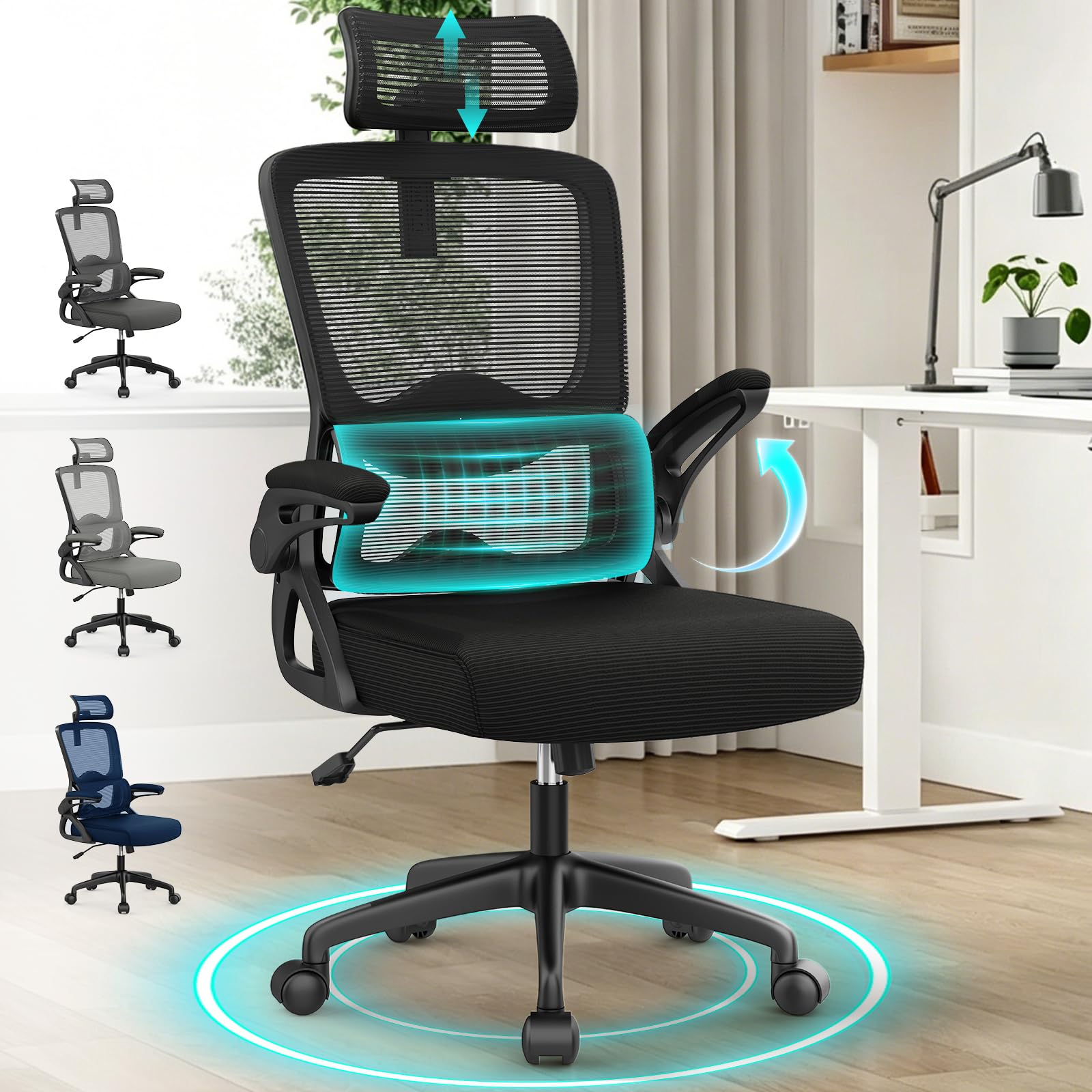 YONISEE Office Chair, Ergonomic Desk Chair -Dual Backrest Design with 2D Lumbar Support & Adjustable Headrest. Swivel Computer Chair with Flip-up Padded Armrest, Thickened Seat for Home/Work/Gaming