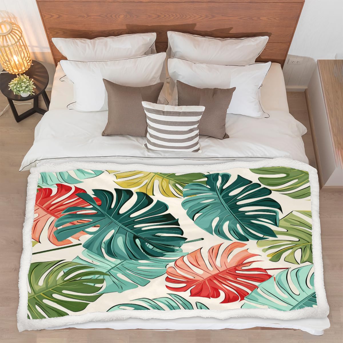 Manta de hojas de palma tropicales para sofá, manta cálida de invierno suave de lana de cordero para niños, mujeres y hombres
