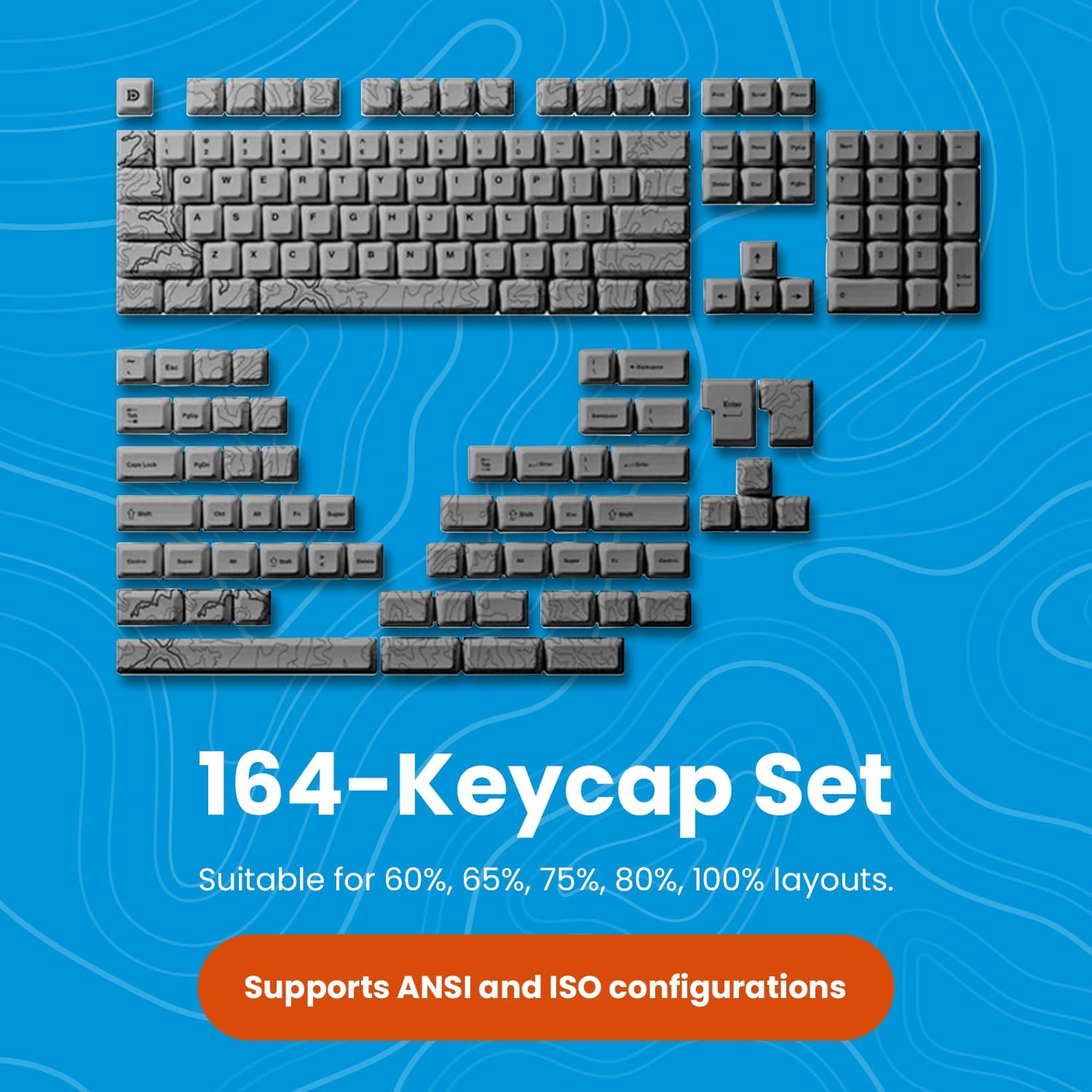 Deskr Topo Canyon Dye Sub PBT Keycaps | 164 Keycap Set for Mechanical Keyboard | 1.7mm Thickness Keys - ANSI & ISO Support Keys | Cherry Profile MX Style Switches | 60%-100% Layouts | Gray