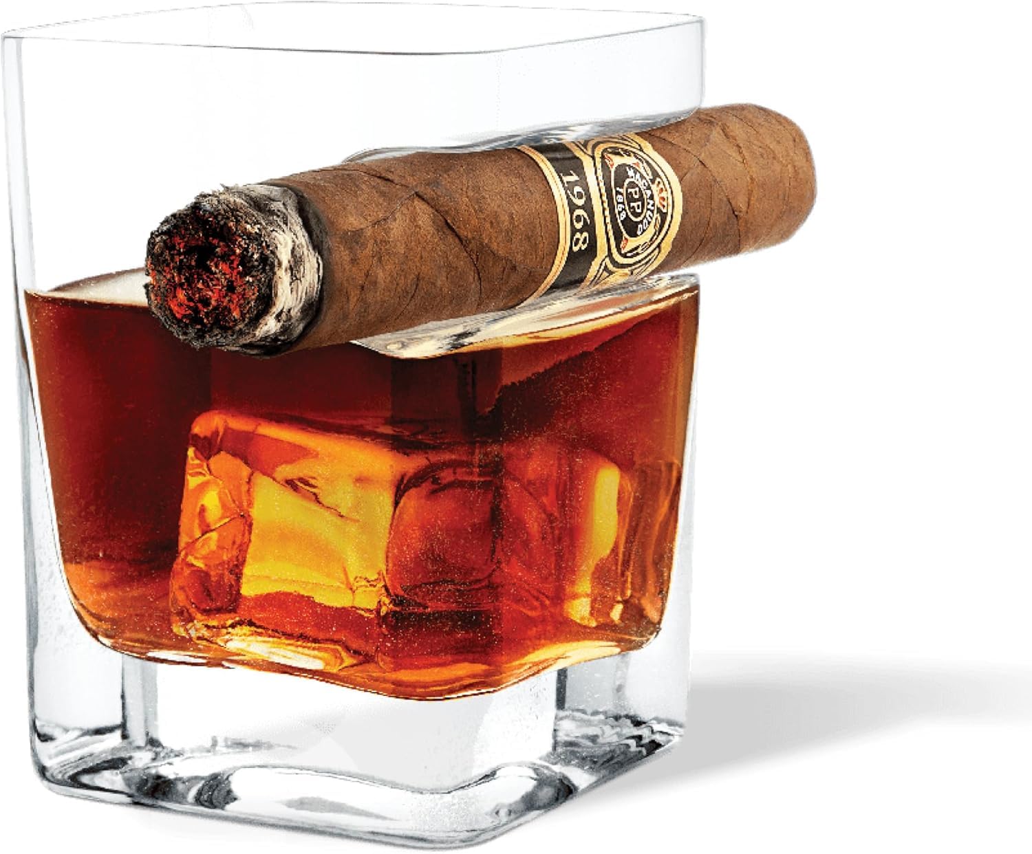 CASSYST Cigar Whiskey Glass, Old Fashioned Whiskey Glasses with Side Mounted Holder Cigar Rest, Gifts for Dad (Square)