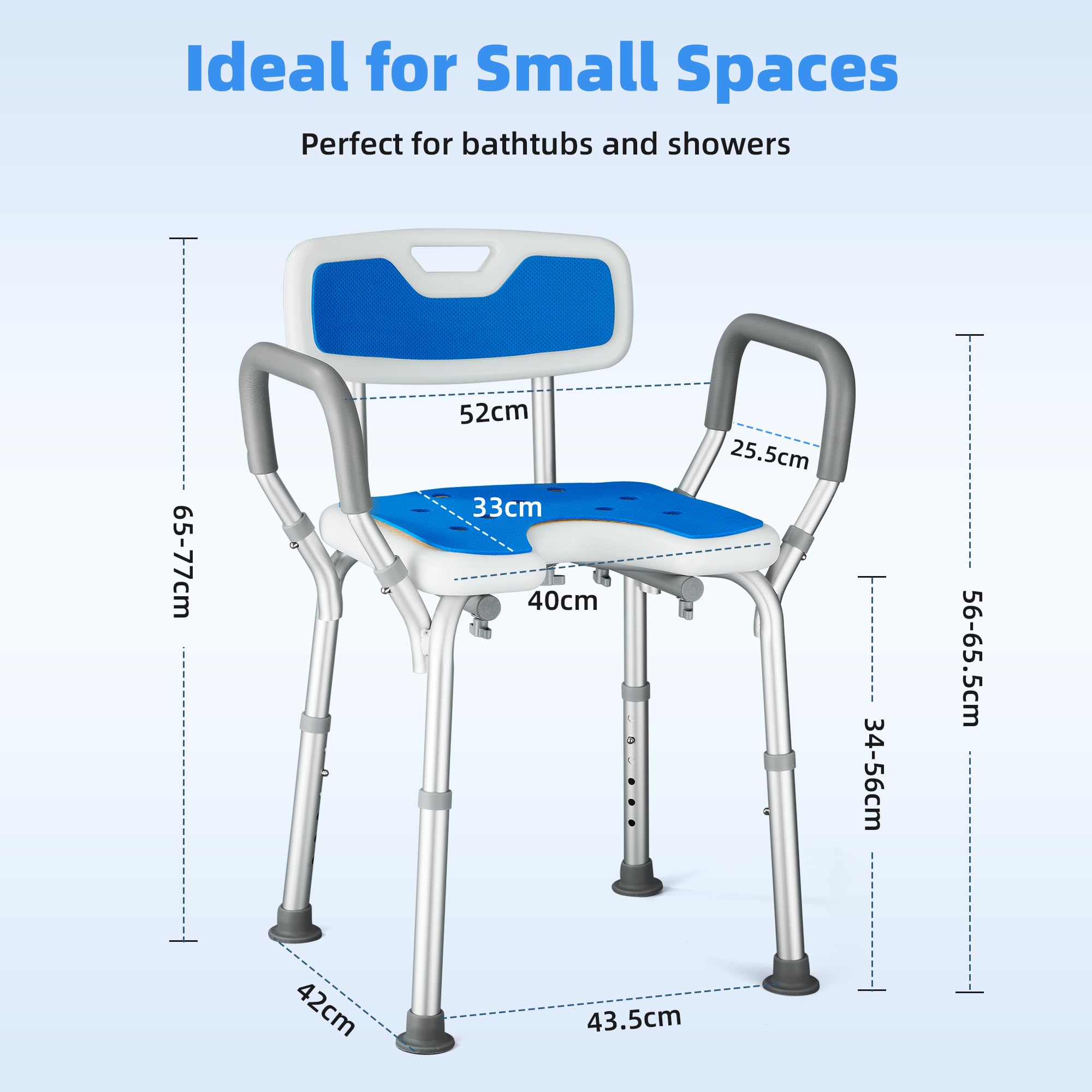 Silla Ducha Personas Mayores Asiento en U Taburete de Baño Antideslizante con Altura Ajustable de 6 Niveles y Reposabrazos Asiento de Ducha Regulable para Ancianos y Discapacitados