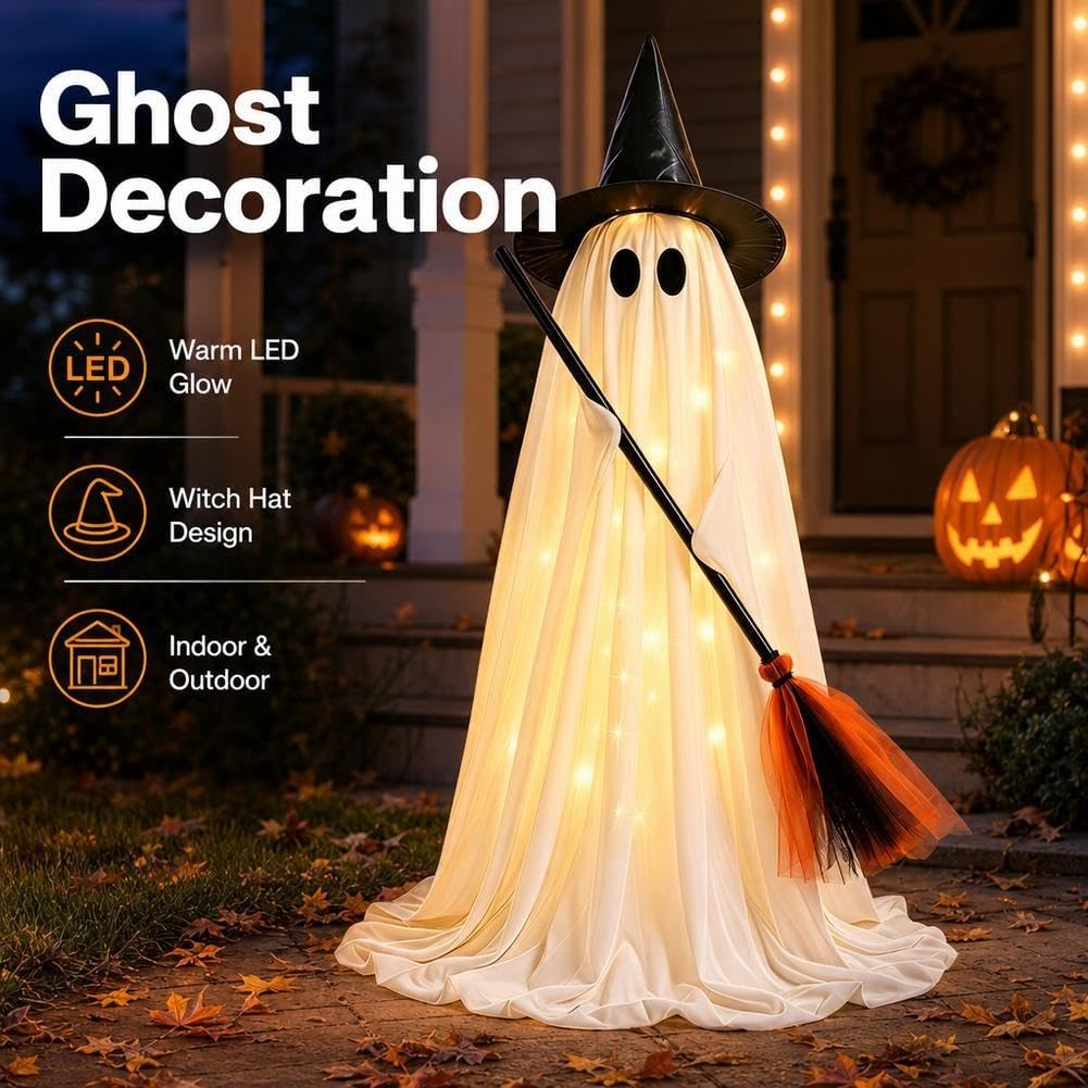Decorazioni di Halloween all'aperto accende il fantasma, cappello da strega del portico 59IN scopa