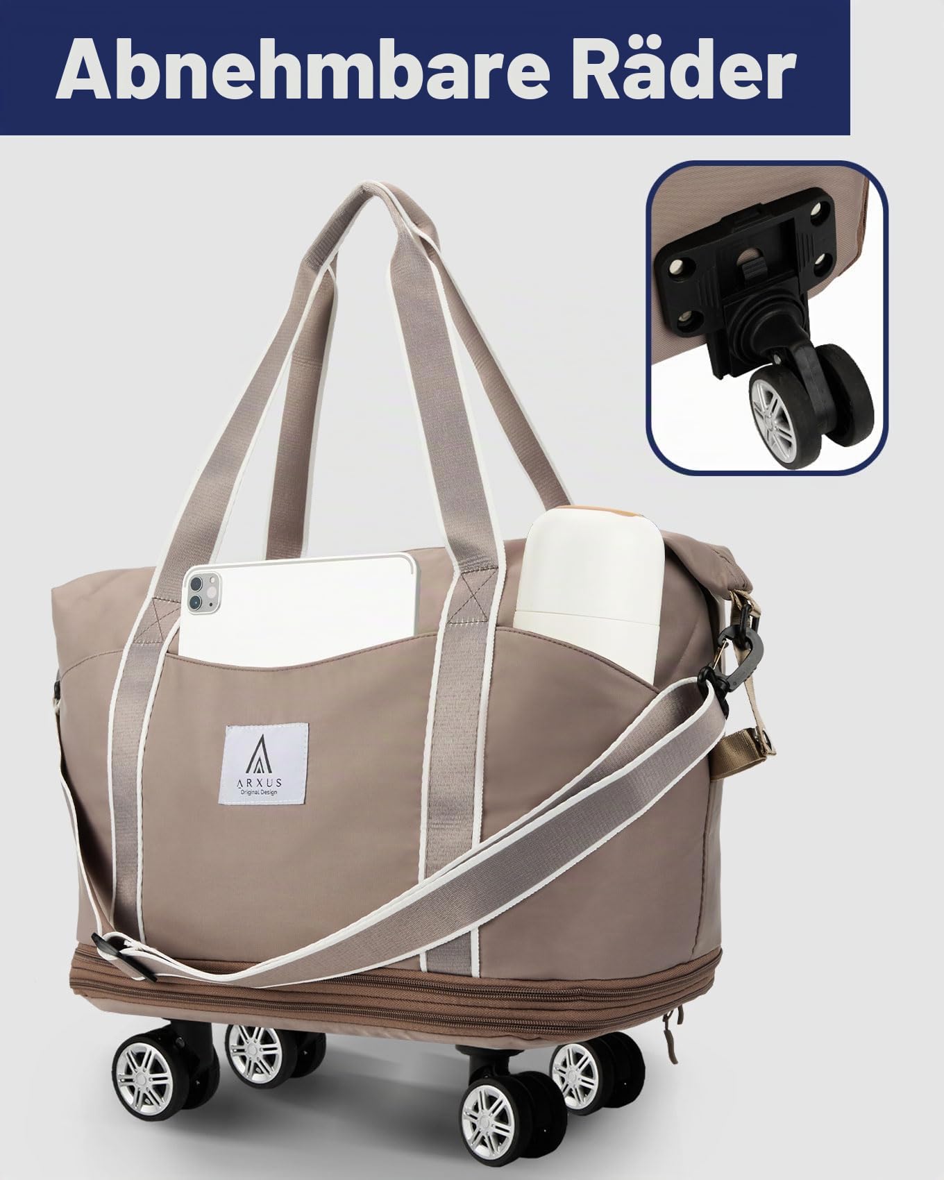 Arxus Reisetasche Erweiterbar mit Rollen, Faltbare Handgepäck Tasche Großer Reisetaschen für Damen und Herren zum Reisen Sport Camping Weekender Übernachtung 25L-55L