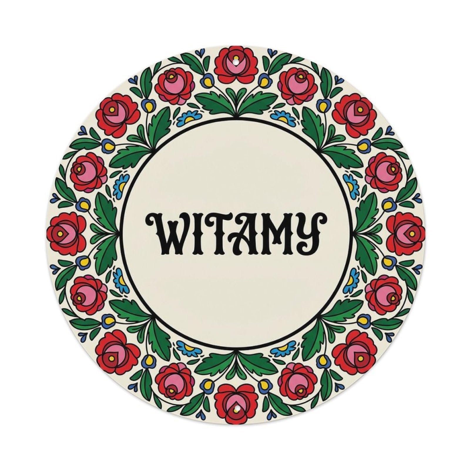 Vintage Polish Folk Art Witamy Welcome Rose Border Metal Tin Sign