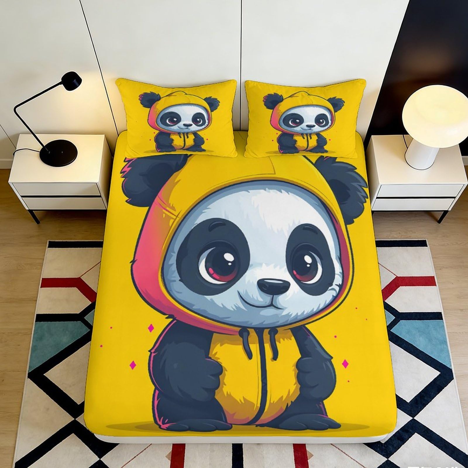 3D Printed Cartoon Panda Fitted Sheet Microfiber Deep Pocket Non-Slip Bedroom Panda Mattress Fitted Cover 200x200x25cm