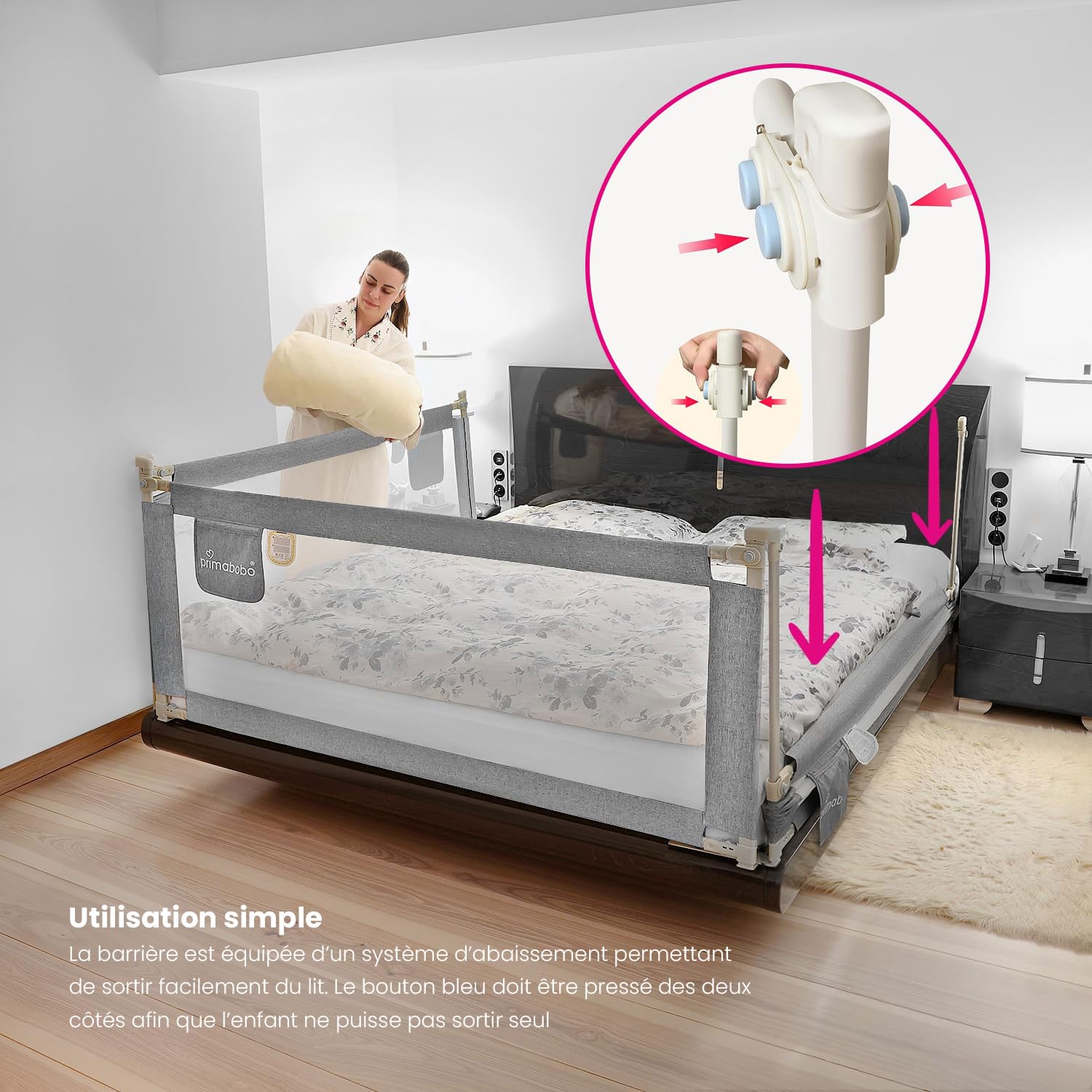 Primabobo Barrière de Lit Enfant Classic Gris 200 cm 160 cm Pliable – Lot de 3, Hauteur Réglable, Protection Lit Bébé