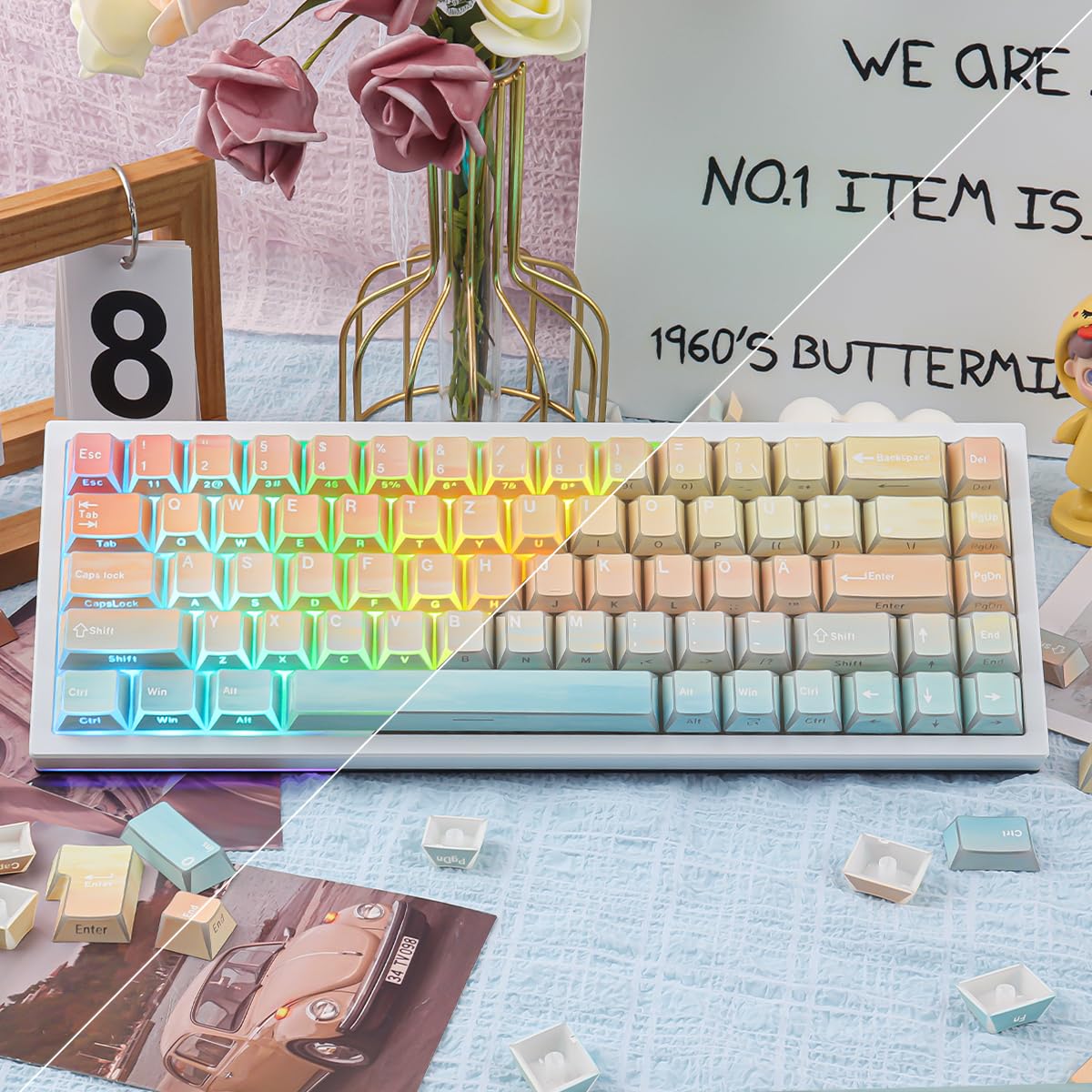PBT Shine Through German Keycaps, 136 Keys Double Shot Side Printed Light Shadow Ocean Sunset Keycaps Dye-Sub Cherry Profile Keycap for Cherry MX Switch ISO QWERTZ Layout Mechanical Keyboards