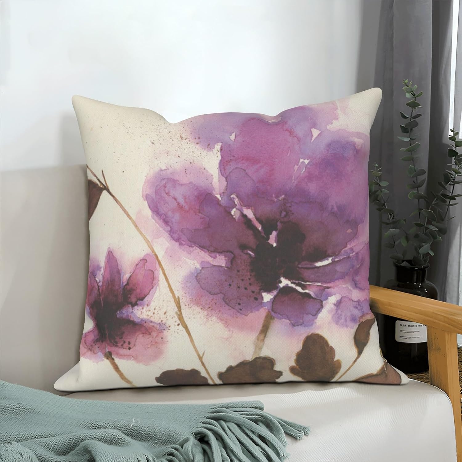 4 Pcs/Set Flowers Pillow Covers Purple Floral Watercolor Abstract Gradient Color Green Leaves Natural Plants Linen Throw Pillow Covers for Outdoor Couch Sofa Farmhouse Decor, 20"x20"
