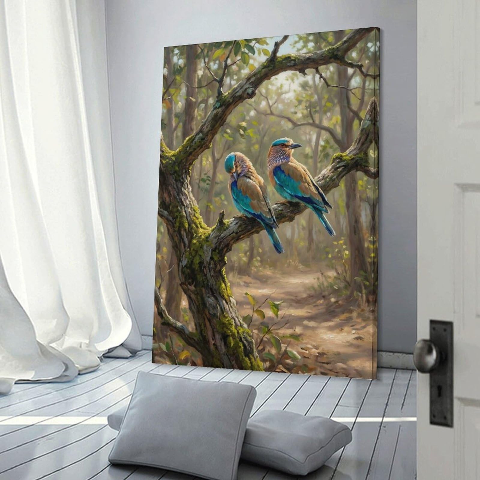 Junmoney Frame-Style-13 Canvas Wall Art Two Birds On A Mossy Branch, 20X30inch(50X75cm), For Bedroom, Lounge Or Dressing Area, Canvas Wall Decor For Personal Spaces
