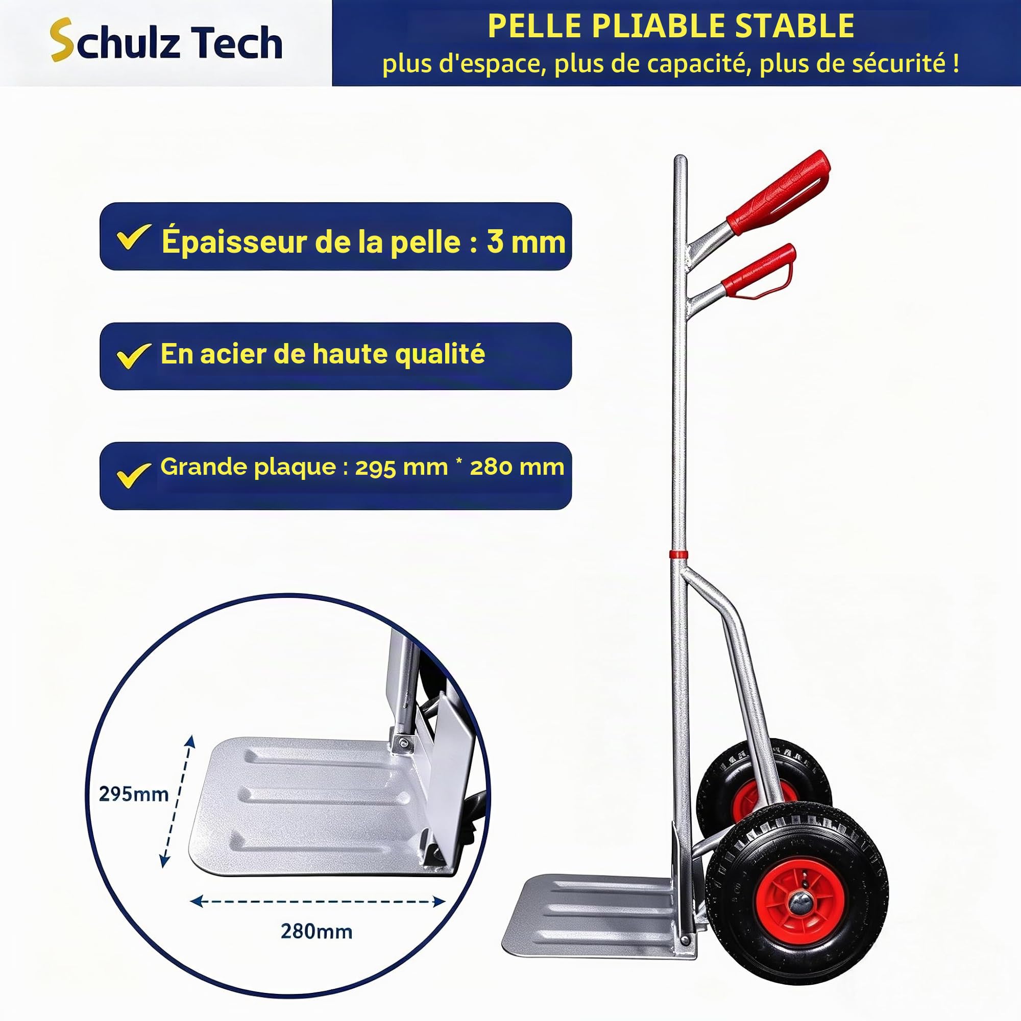 Diable pliable - Charge maximale : 200 kg - En acier de qualité supérieure - Ergonomique - Pour stockage, déménagement et caisses à boissons - Pelle XL - Poignées de sécurité - Pneus