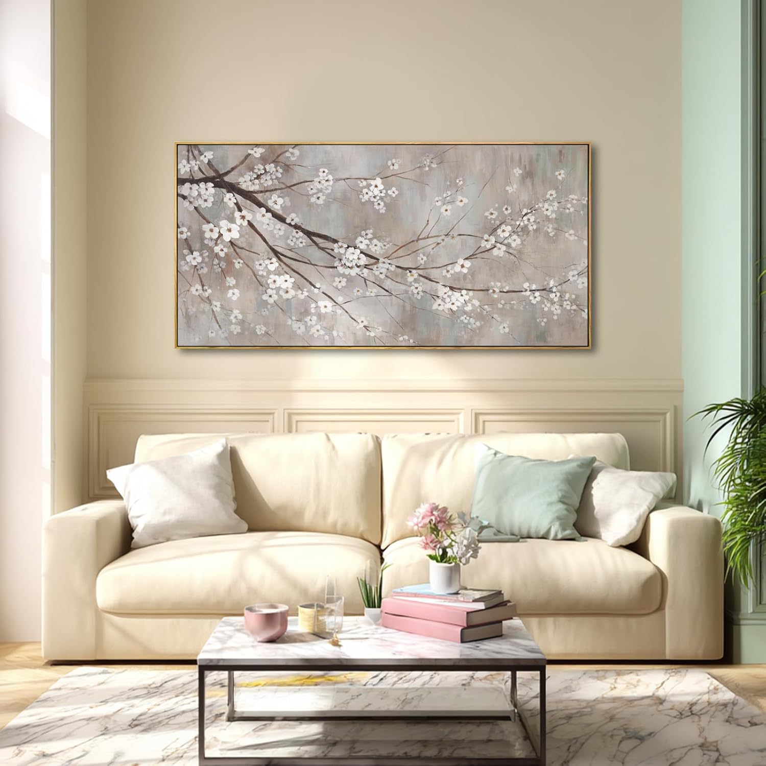 XIANSHOU Plum blossom Wall Decor White Flowers Painting on Canvas Nature Wall Art for Bedroom 24"x 48" Wall Decorations for Living Room Office