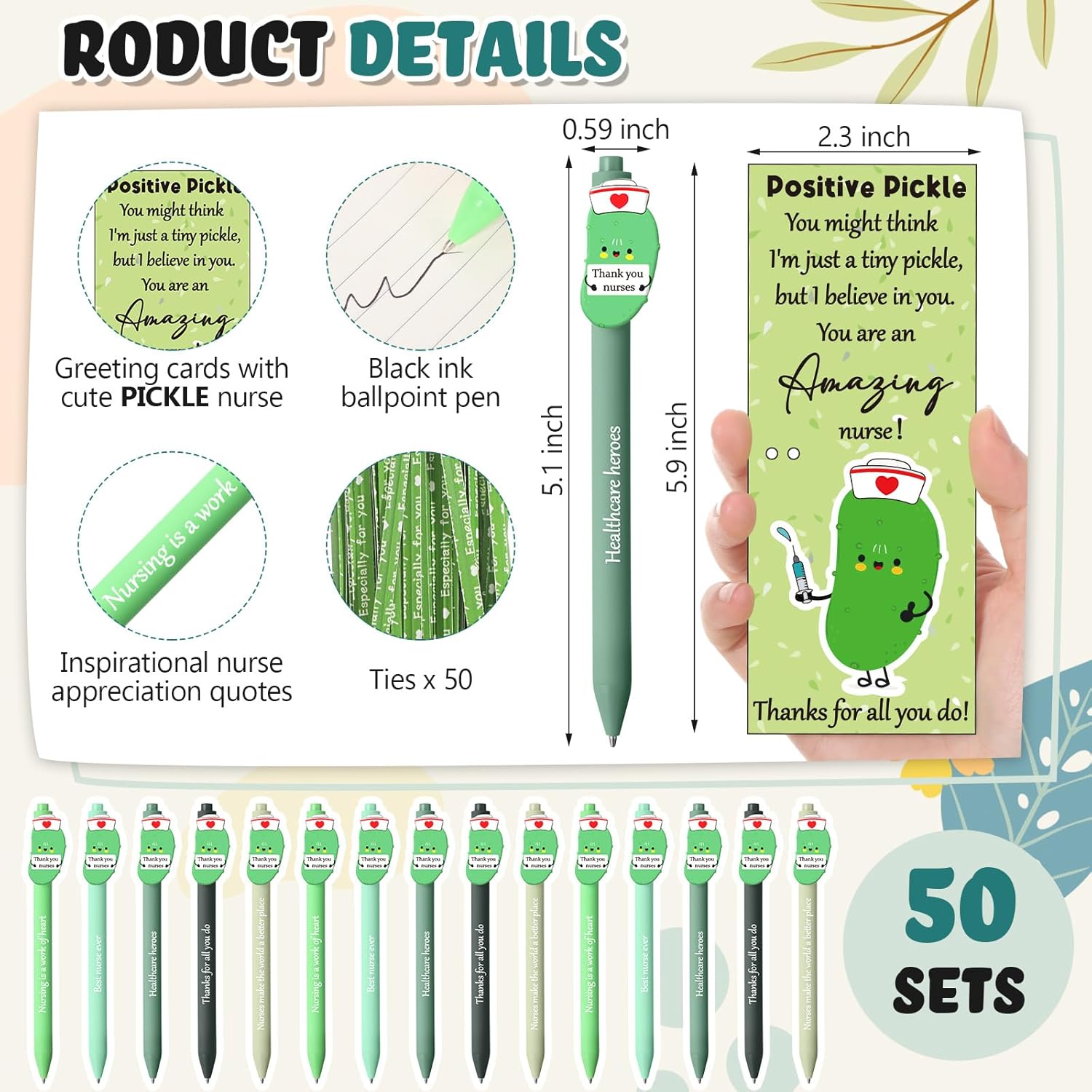 Sayglossy 50 Sets Nurses Pen Gift Bulk Positive Pickle for Nurse Inspirational Pickle Ballpoint Pens with Emotional Support Greeting Cards Nursing Appreciation Gifts for Nurse Week Medical Assistant