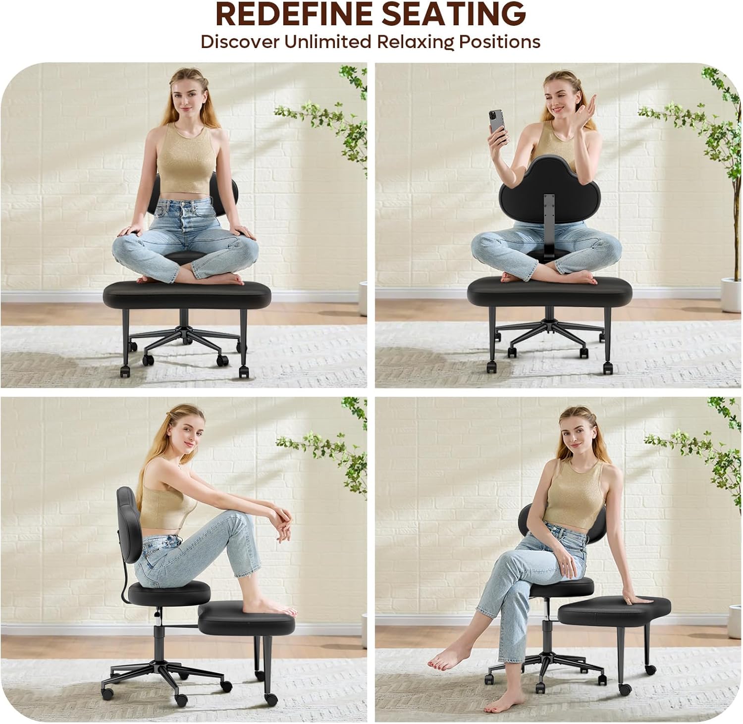 Four images showing different sitting positions on the chair: office, gaming, yoga, and leisure.