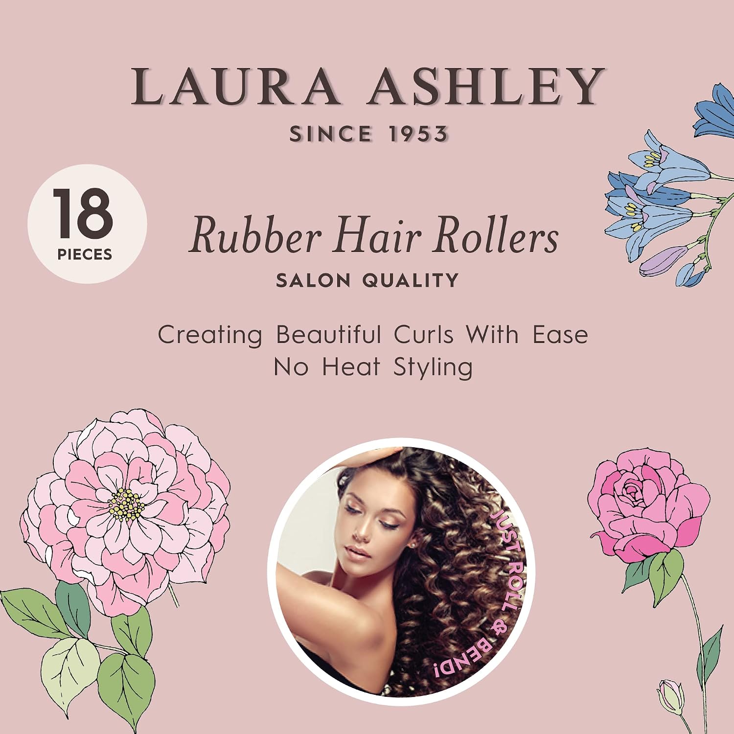 Laura Ashley Flexi Rods Foam Hair Rollers 18 pcs 1/2", 5/8", 3/4", 1" Professional Salon Quality Rubber Hair Rollers for Long, Medium and Short Hair Assorted Colors