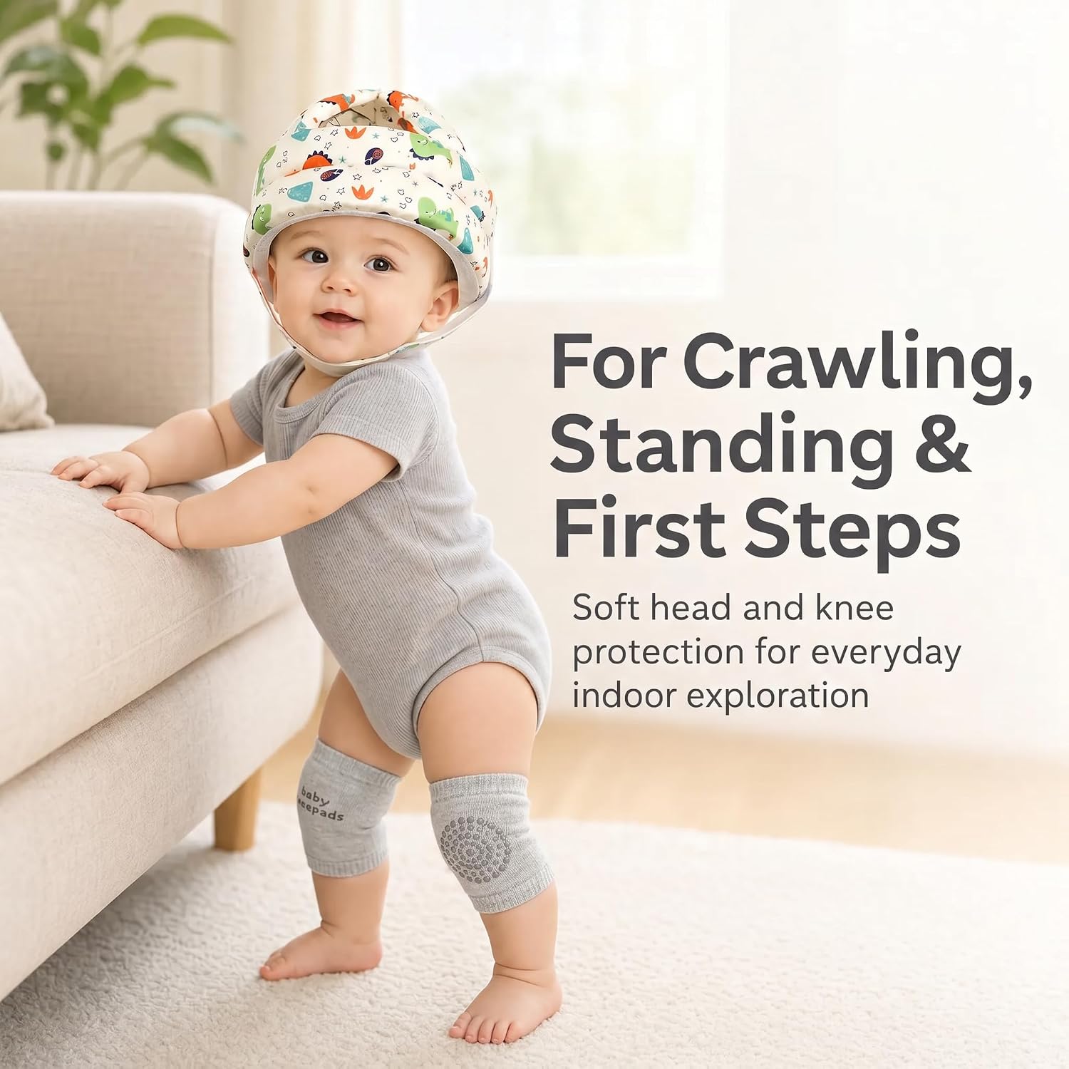 Baby Head Protector and Knee Pads Set, Soft Adjustable Baby Helmet for Crawling Walking, Infant Head Protection Cap with 5 Pairs Baby Knee Pads for Crawling, Baby Safety Gift for First Steps