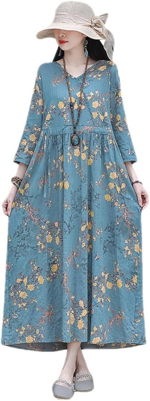 Amazon Co Jp ワンピース レディース 和風 体型カバー シンプル ポケット付き マキシ丈 ロング丈 花柄 普段着 通勤 女子会 春秋 長袖 チュニック 着痩せ 春 日常 エレガンス 大人 かわいい おしゃれ きれいめ ファッション