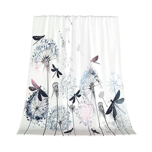 Elegant Dandelion and Dragonfly Soft Throw Blanket All Season Microplush Warm Blankets Lightweight Tufted Fuzzy Flannel Fleece Throws Blanket for Bed Sofa Couch