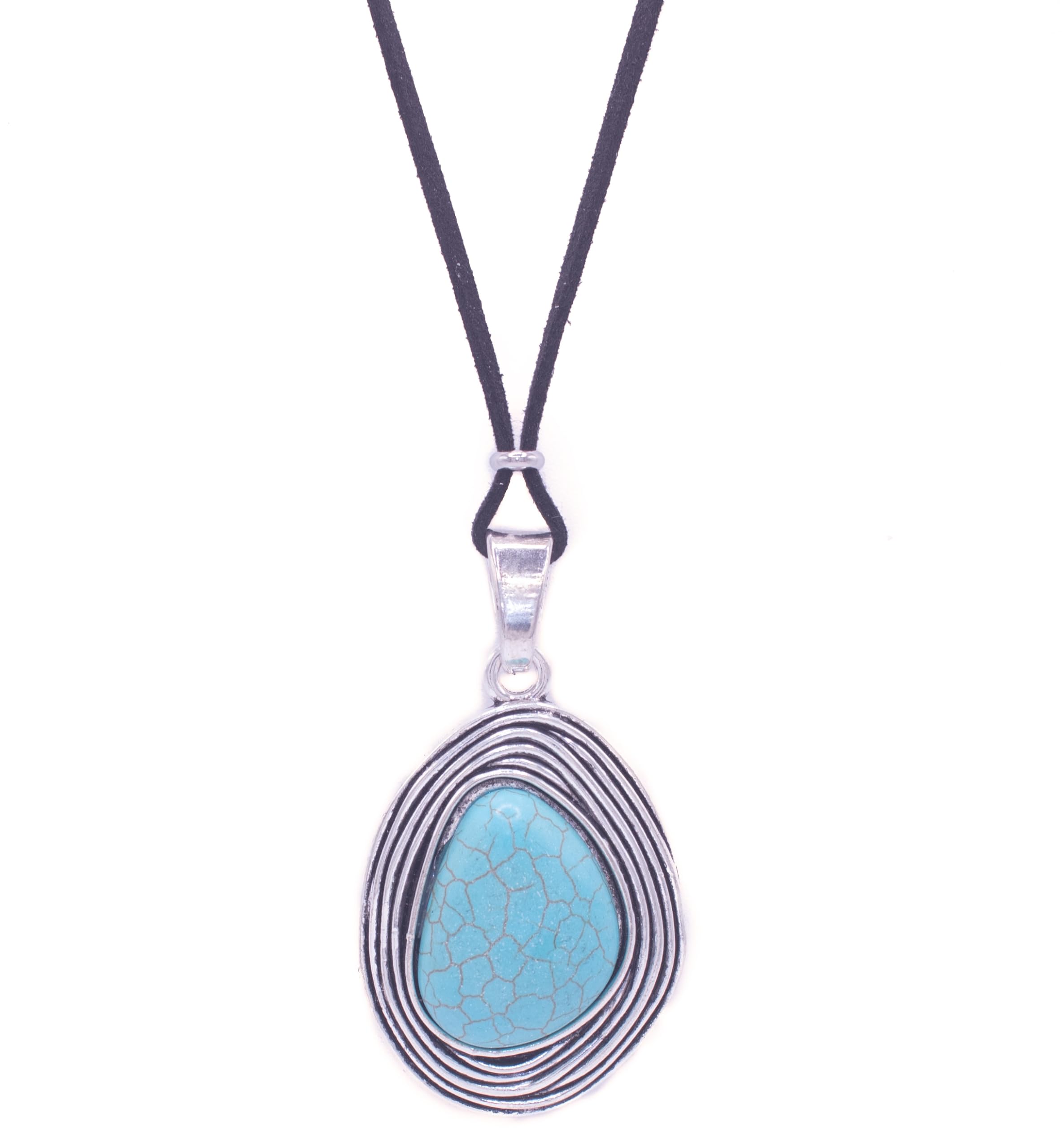 Z ZARZAMORA Accesorios Colgante mujer bohemio con piedra turquesa - Colgante turquesa estilo vintage - Collar largo plata tibetana - Colgante largo con cinta de antelina de color negro ajustable
