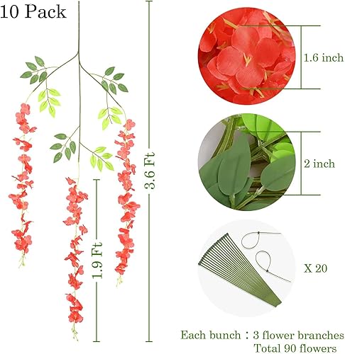 Miniatura 2 de BLEUM CADE 10 flores colgantes de glicina roja, 3.6 piesunidad, flores de glicina falsas, guirnalda de glicina artificial colgante para bodas,