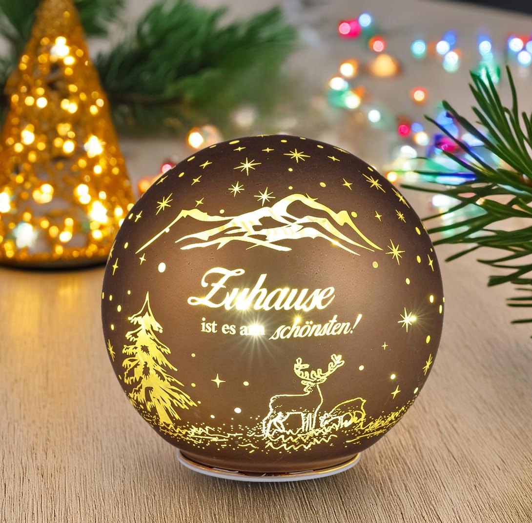 formano Decorative Ball Brown/Gold 15 cm with LED Light Timer Illuminated Glass Ball - Christmas Decoration Table Shelf Decorative Ball Timer Christmas Bauble for Standing Christmas