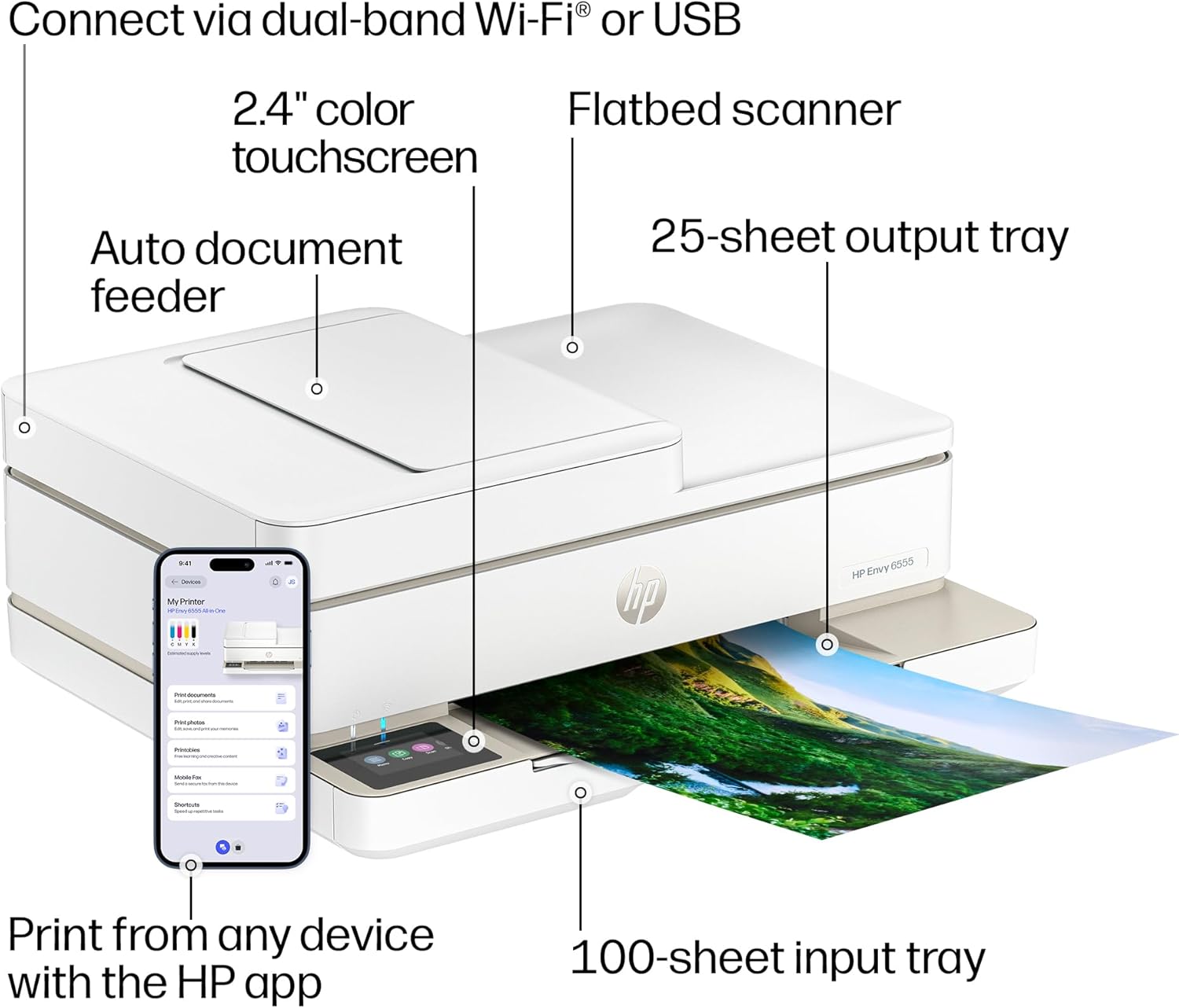 HP Envy 6555 Wireless All-in-One Color Inkjet Printer, Print, Scan, Copy, Duplex Printing Best-for-Home, 3 Month Trial of Instant Ink Included, AI-Capable (C2XR6A) Portobello