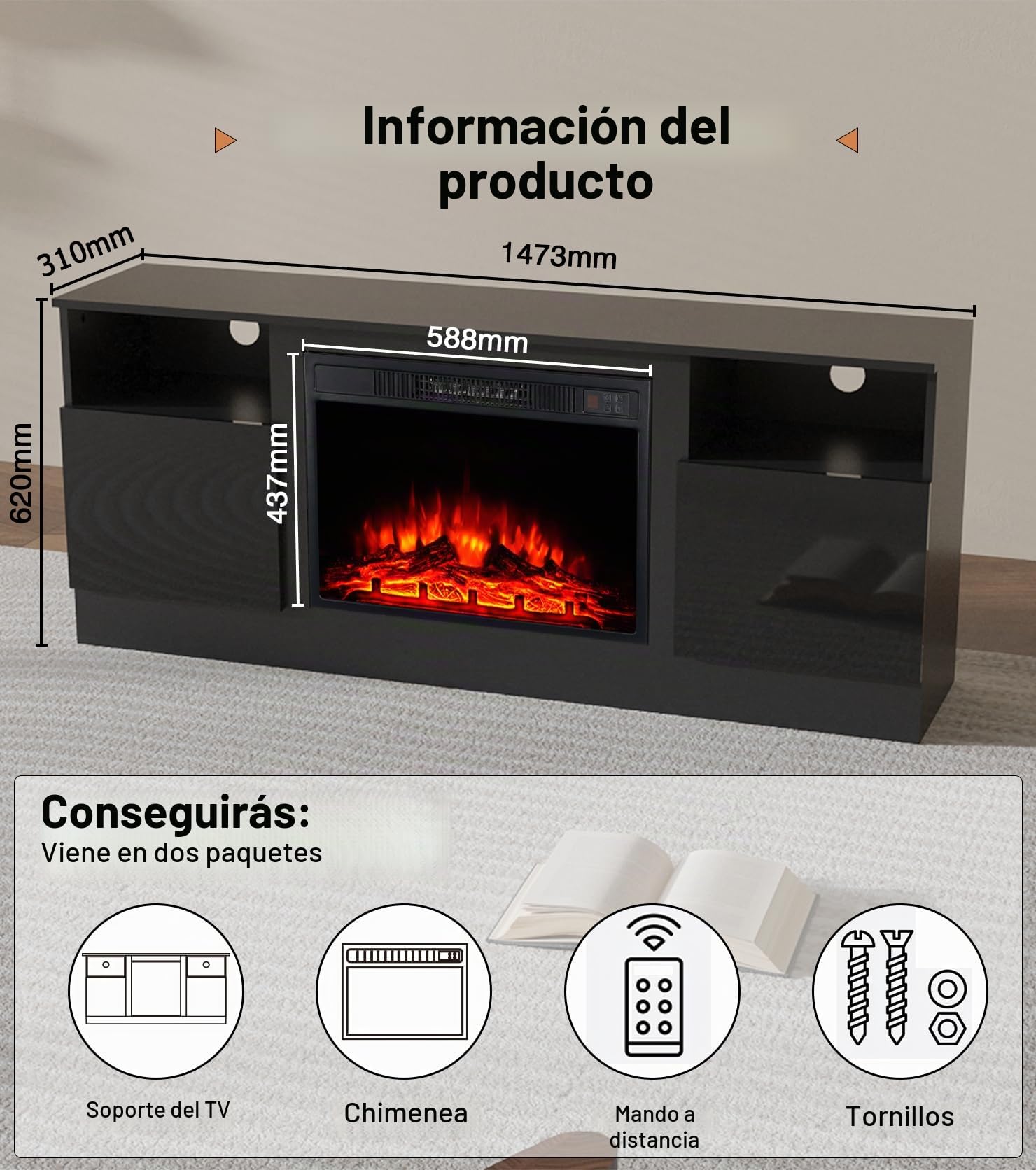M.C.Haus Chimenea Eléctrica con Soporte de TV, para TV de hasta 143.9cm*80cm,Entretenimiento en Textura de Madera con Luz LED, Mueble de Realce y Frente de Cristal, 147.3cm,Negro