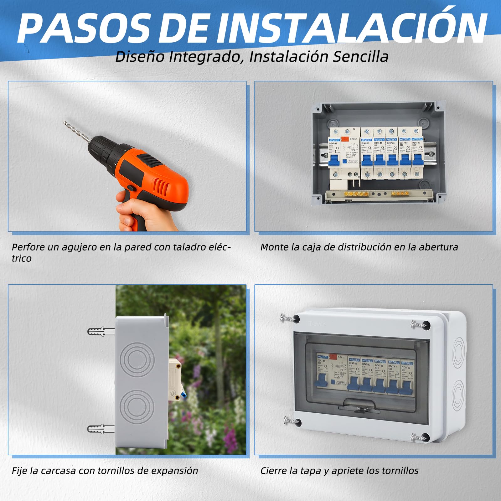 Caja de fusibles de superficie IP65 de 5 vías, 63 A, 30 mA, RCD 5MCB (2 × 1P6 A + 1P10 A + 1P20 A + 1P32 A) para autocaravanas, garajes y talleres (5 vías)
