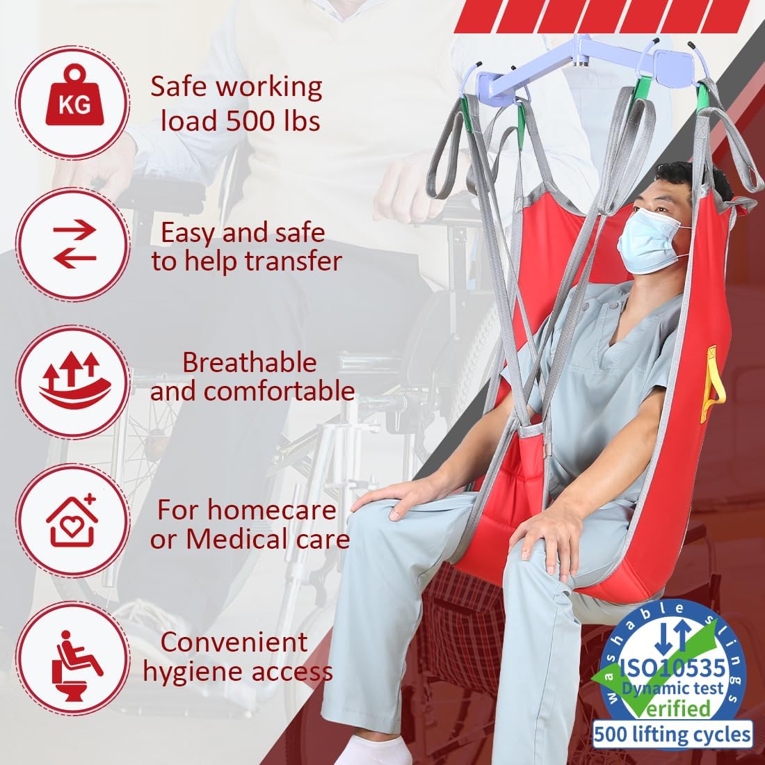 Patient Lift Divided Leg Sling with High Back, Universal Padded Lift U-Sling for Transfer/Positioning/Lifting or Toileting, Use in Hospitals, Nursing & Home Care-SWL 500lbs (Red, Medium)