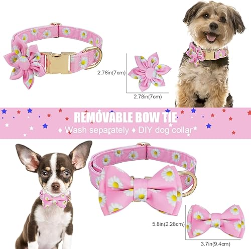 Miniatura 5 de Collar de verano para perro con lazo y flor de margarita rosa, cómodo collar ajustable para cachorros con hebilla de metal segura para mascotas
