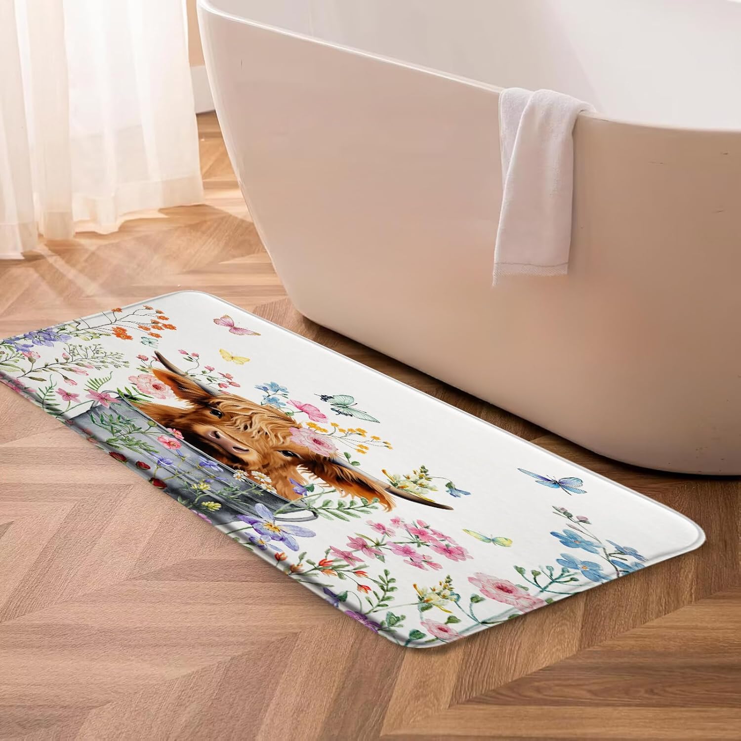 GCTNBJL Farmhouse Highland Cow Bath Mat Pink Blue Rustic Watercolor Floral Butterfly Brown Farm Animal Cow Western Home Office Bedroom Doormat Bathroom Toilet Floor Rug,24x48 Inch