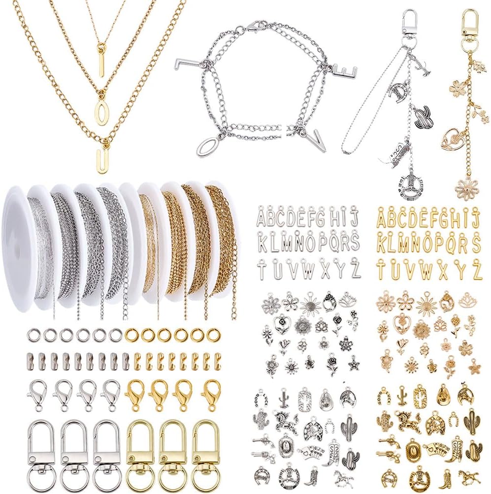 PH PandaHall Necklace Jewelry Making Kit, 52.5ft 8 Styles Chain Jewelry Making Supplies DIY Jewelrys Chain Kit Bracelet Charm Kits for DIY Crafts Necklace Friendship Bracelets Making