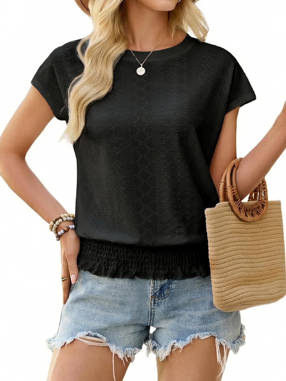 Women's Summer Short Sleeve Eyelet Tops Daily Casual Crewneck T Shirts Elastic Waist Smocked Blouses