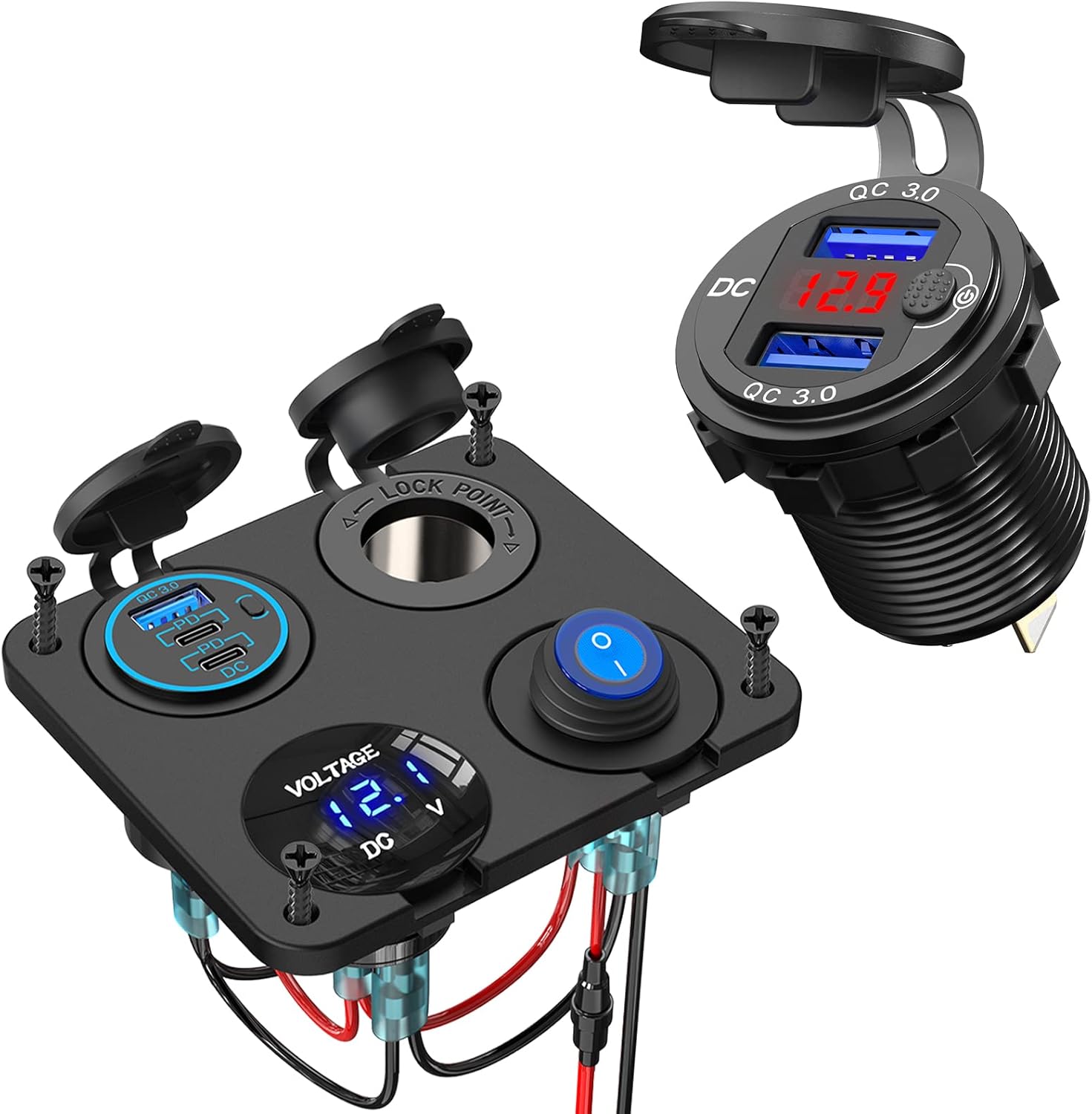 12V USB Outlet Socket Panel: (4 in 1) 58W Dual PD3.0 USB C 12V USB Charger; 12V Aluminum Socket