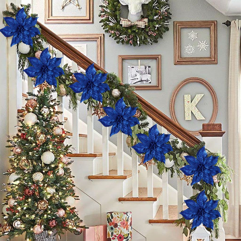 Oairse 8er-Set Künstliche Glitzernde Weihnachtsblumen, Weihnachtssterne mit Clips für Weihnachtsbaum-DIY-Dekoration, künstliche Blumen für Feiertage, Esstisch-Mittelstück, Neujahrs-Ornamente, Blau