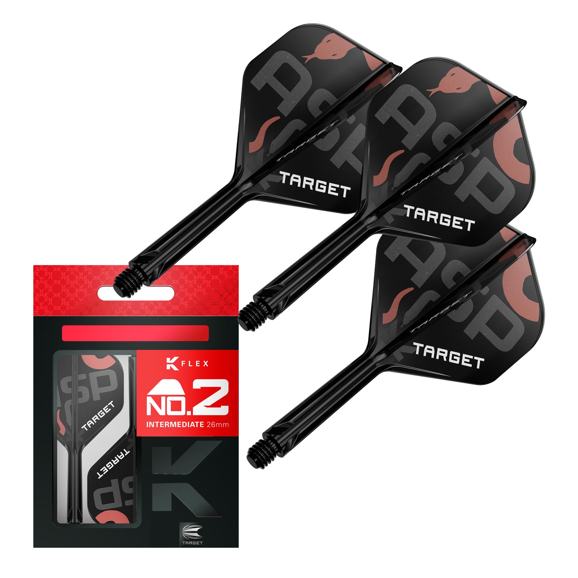 Target Darts Nathan Aspinall K Flex Flights and Shaft System, No.2 (Intermediate, 26mm) | Pack of 3 Kflex All In One Flights, Player Edition Darts Accessories | K-Flex Dart Stem