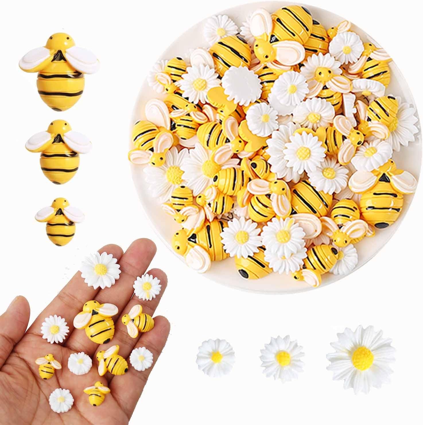 90Pcs Resin Bee Daisy Flowers Decor Tiny Bees Craft Decoration Flatback Bumble Bee Shaped Embellishment for DIY Crafts Scrapbooking Party Spring Decor (White Sunflowers)