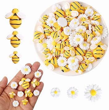 90Pcs Resin Bee Daisy Flowers Decor Tiny Bees Craft Decoration | Flatback Bumble Bee Shaped Embellishment for DIY Crafts Scrapbooking Party Spring Decor White Sunflowers