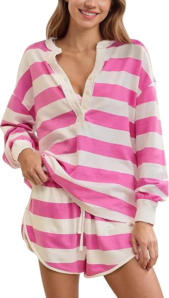 Meladyan Womens Striped Henley Shirt 2 Piece Sets Oversized Long Sleeve T-Shirts Matching Shorts Set Pockets Lounge Tracksuit